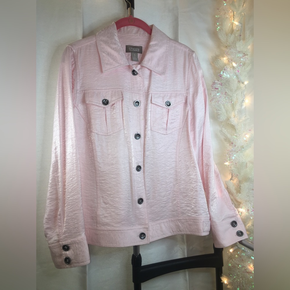 Chico’s | Women’s Pale Pink Shimmer Button Down Jacket - Picture 13 of 13